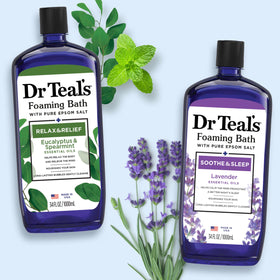 Dr Teal's foaming baths displayed with Epsom salt scoop for exfoliation options