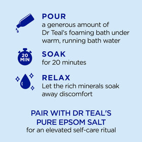 Dr Teal's foaming bath creating rich bubbles in a bathtub for a relaxing soak
