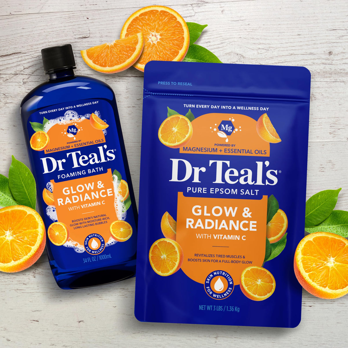 Dr Teal's citrus essential oils beside salts conveying uplifting scent