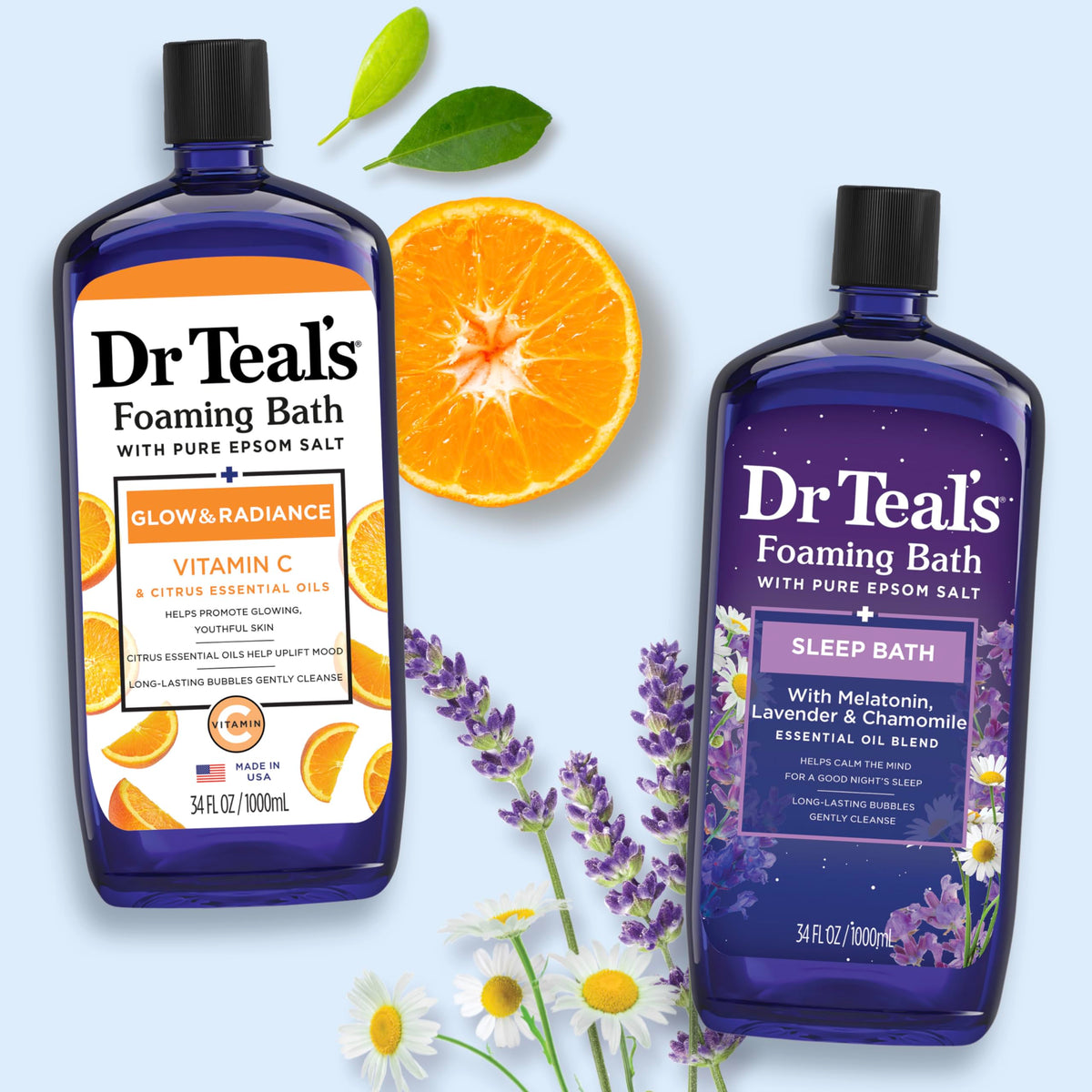 Dr Teal's bottles held by hand to show true 34 fl oz scale and convenience