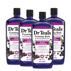 Dr Teal's front label shows elderberry scent and benefits for relaxing baths