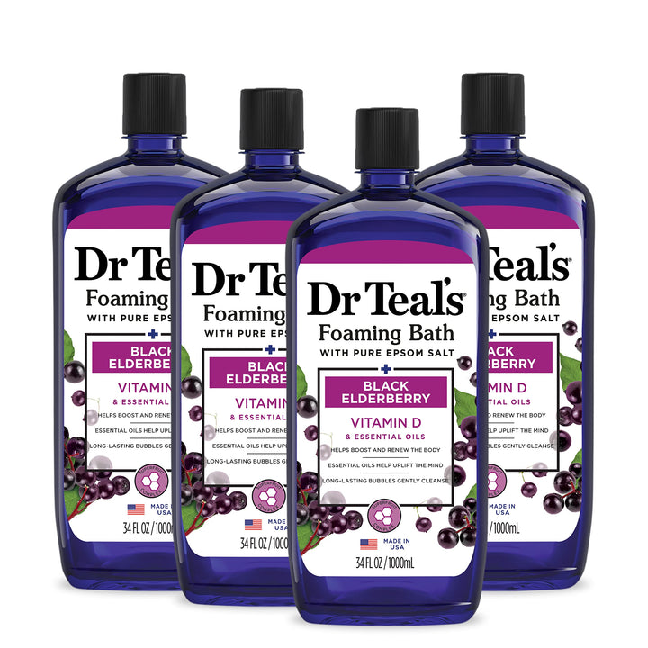 Dr Teal's front label shows elderberry scent and benefits for relaxing baths