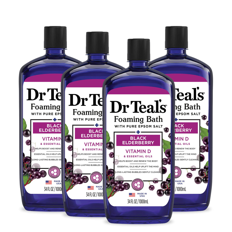 Dr Teal's front label shows elderberry scent and benefits for relaxing baths