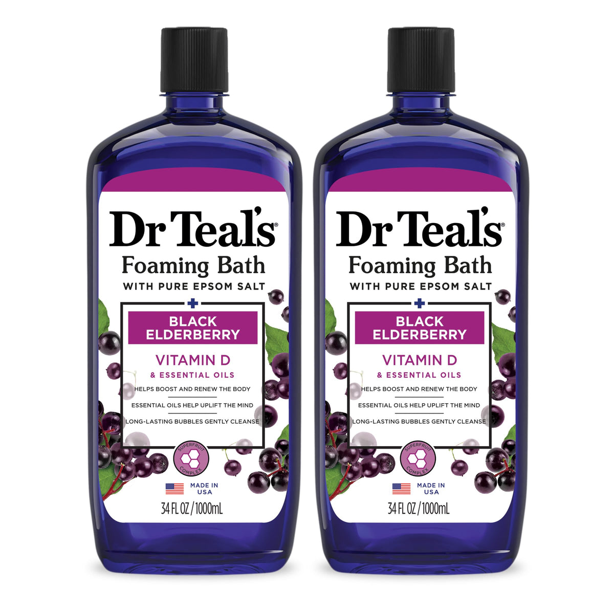 Dr Teal's front packaging view showing elderberry scent and calming benefit