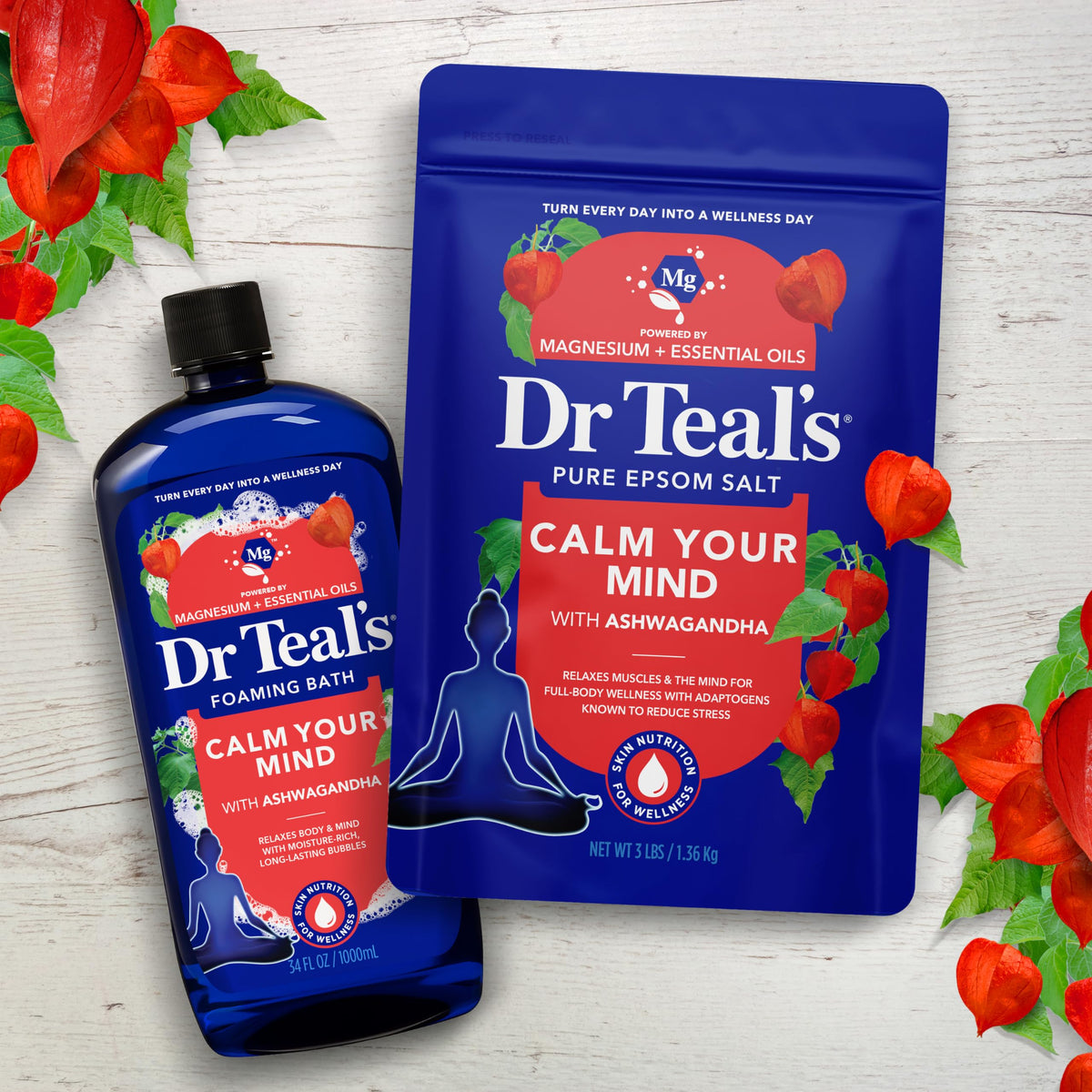 Dr Teal's salt with essential oil bottles arranged to show scent profile