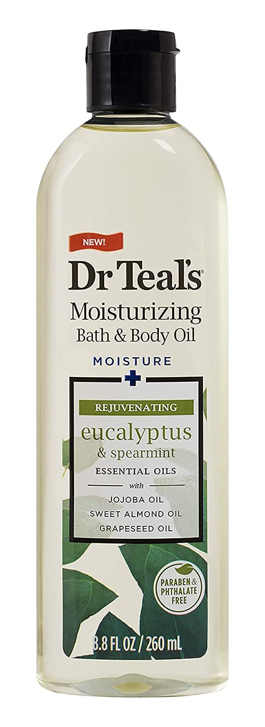 Dr Teal's eucalyptus bottle close-up highlighting cap and calming scent benefit