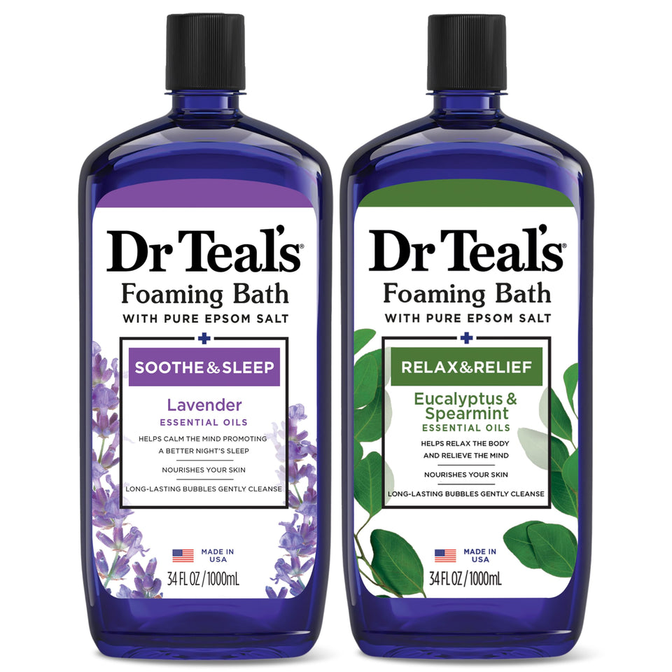 Dr Teal's front packaging showing both 34 fl oz foaming bath bottles and benefits
