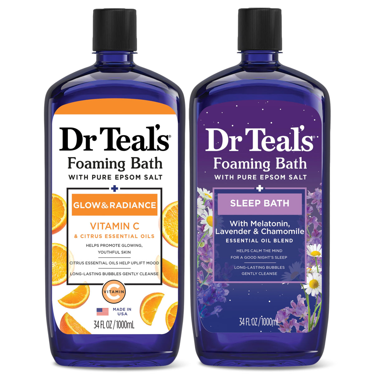 Dr Teal's front packaging showing both foaming bath bottles and benefits
