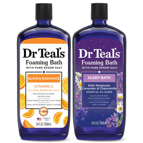 Dr Teal's front packaging showing both foaming bath bottles and benefits