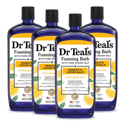Dr Teal's bottle front view showing lemon foaming bath benefits