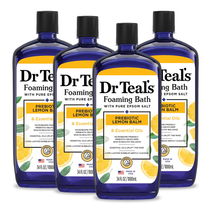 Dr Teal's bottle front view showing lemon foaming bath benefits