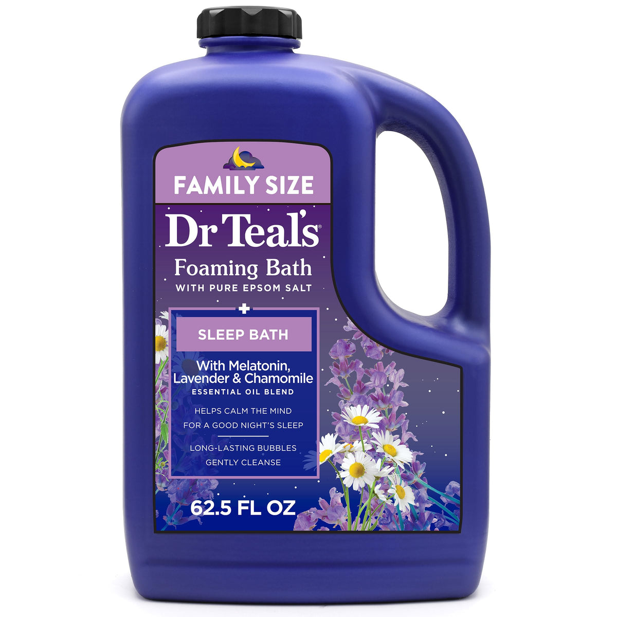 Dr Teal's bottle front view showing sleep blend and size benefit