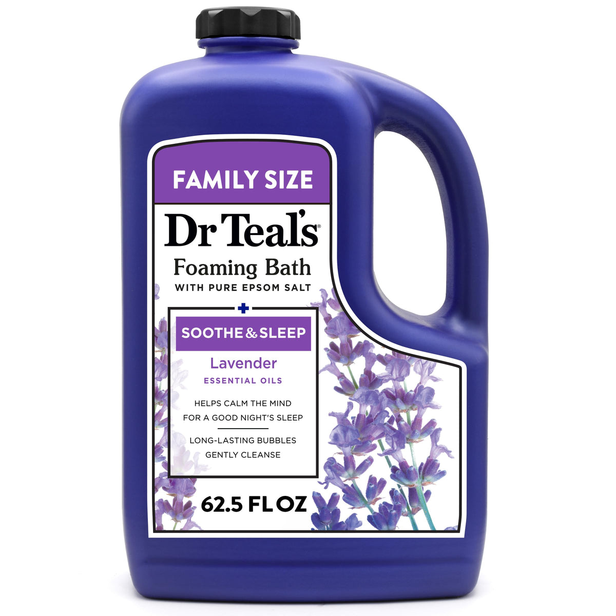 Dr Teal's bottle front label shows calming lavender and brand benefits