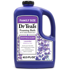 Dr Teal's bottle front label shows calming lavender and brand benefits