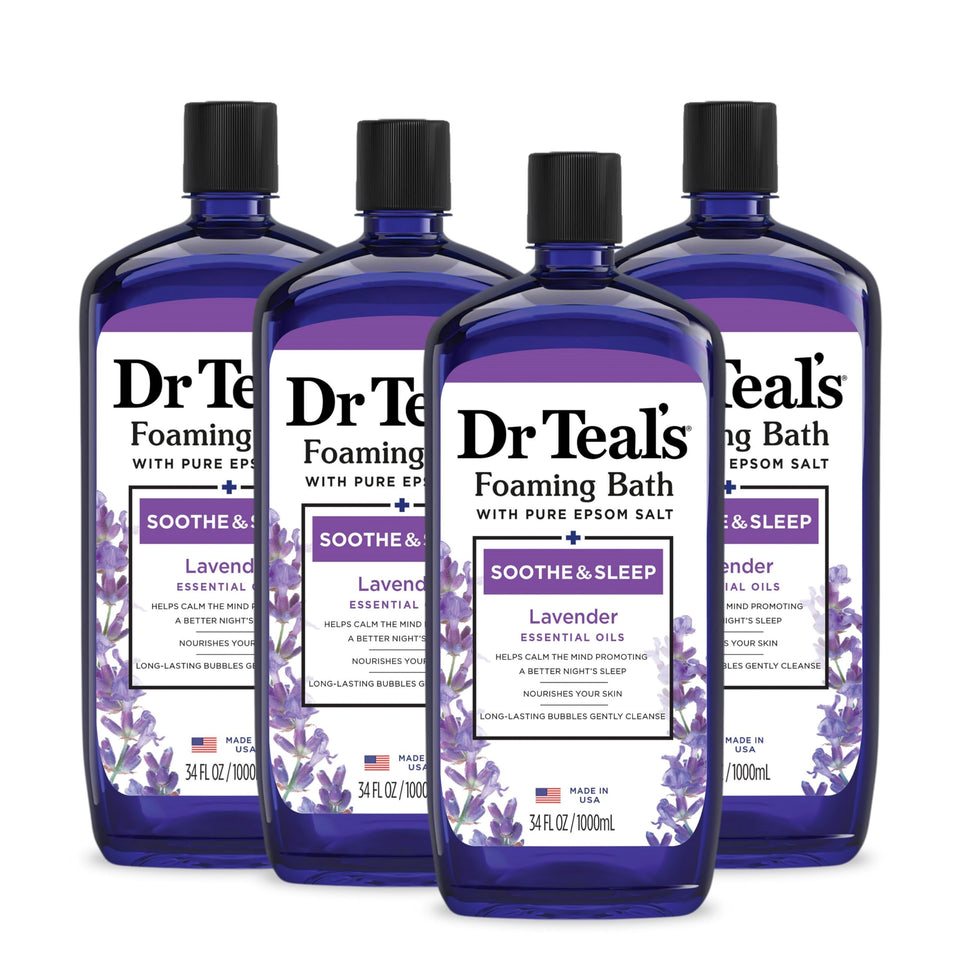 Dr Teal's front packaging showing 34 fl oz bottle and brand benefits