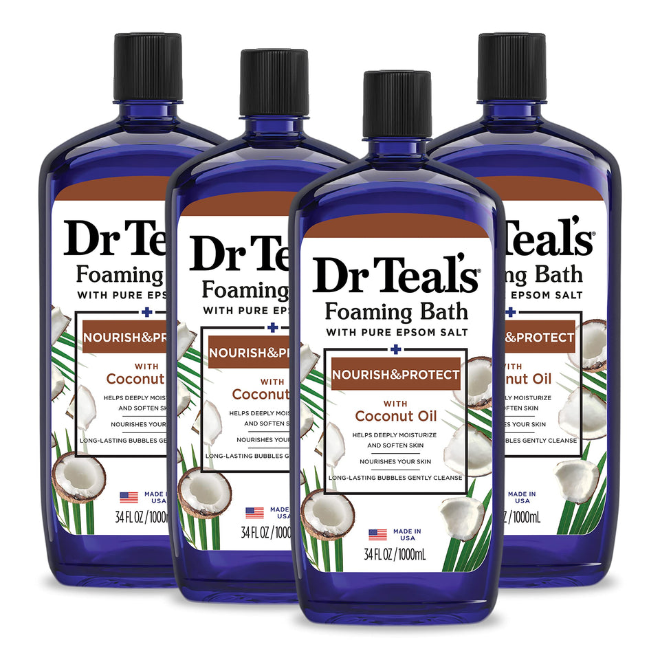 Dr Teal's front packaging showing bottle and coconut scent benefit