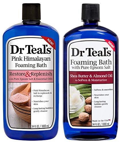 Dr Teal's front view of both 34 oz bottles showing labels and benefits