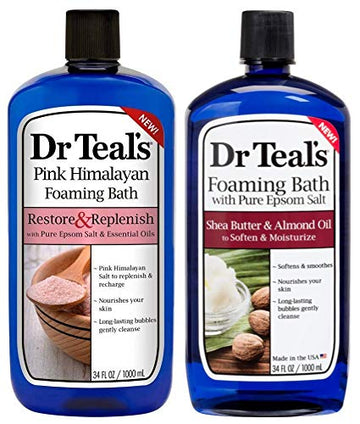 Dr Teal's front view of both 34 oz bottles showing labels and benefits