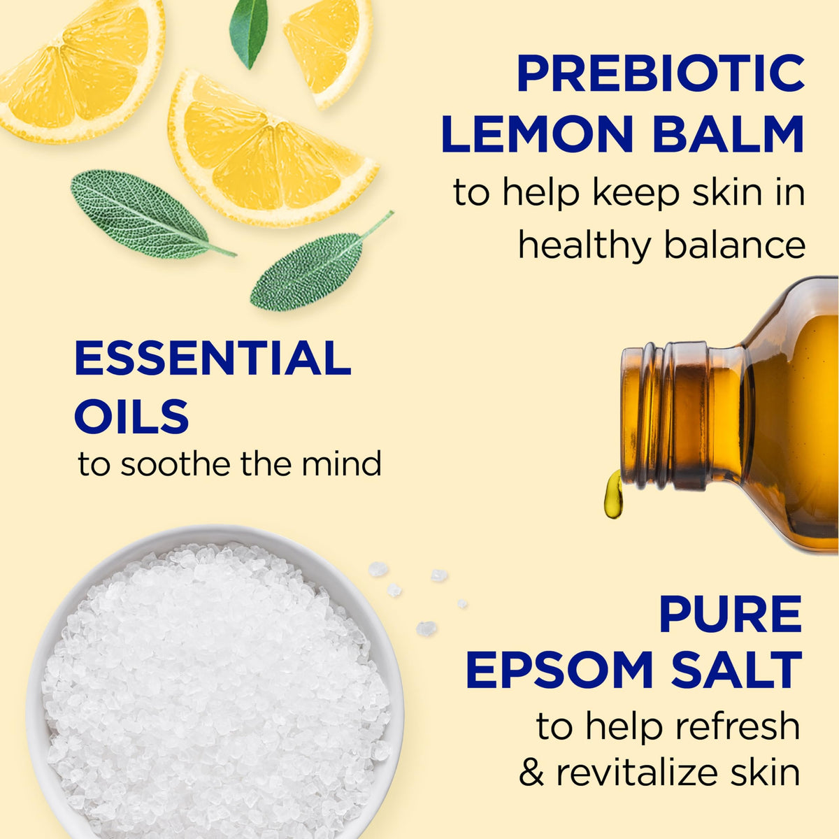 Dr Teal's label close-up highlighting prebiotic lemon balm and benefits