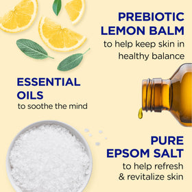 Dr Teal's label close-up highlighting prebiotic lemon balm and benefits