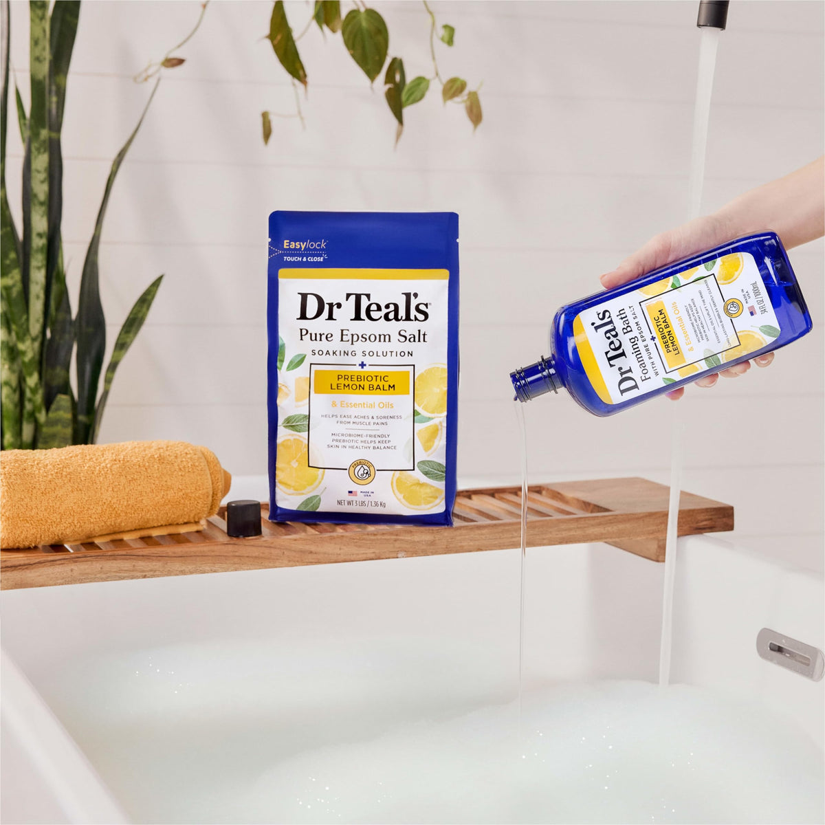 Dr Teal's four-pack stacked to show value and convenient supply