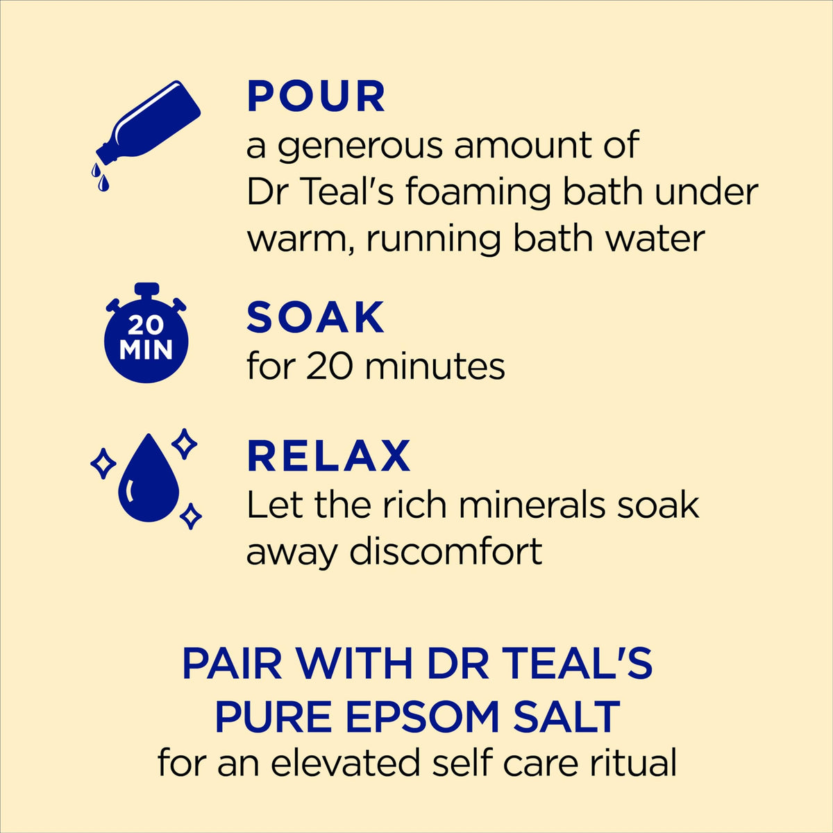 Dr Teal's pouring foaming bath into water for easy use and bubbles