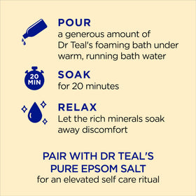 Dr Teal's pouring foaming bath into water for easy use and bubbles