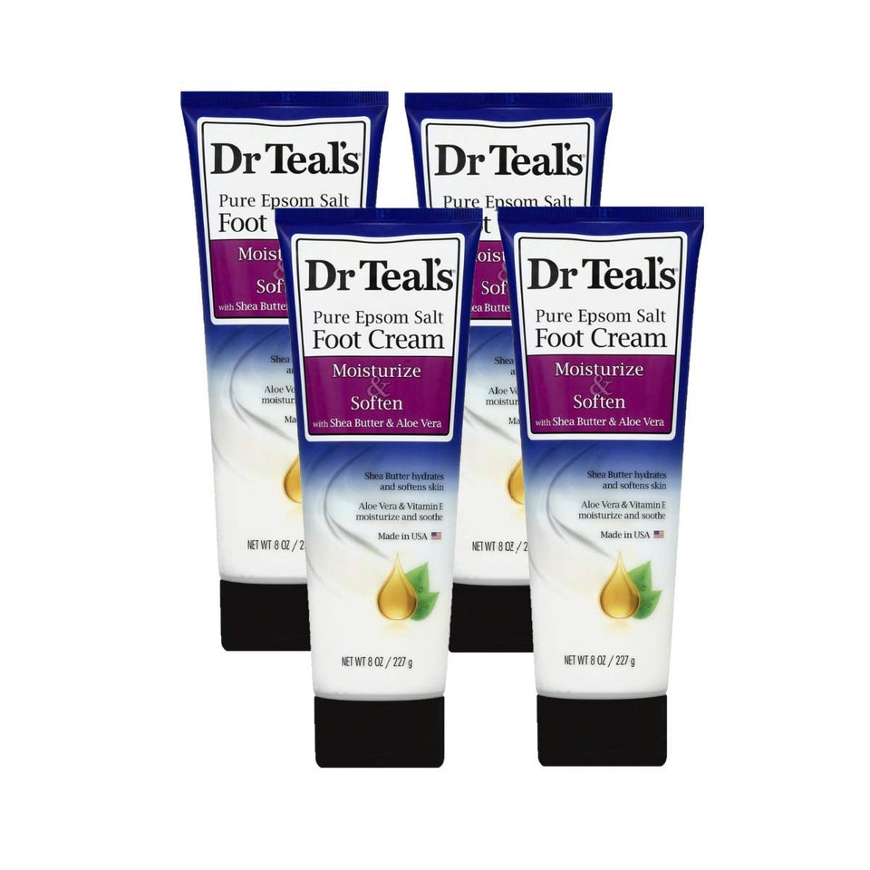 Dr Teal's foot cream front packaging showing four 8oz bottles and clear labeling for easy storage