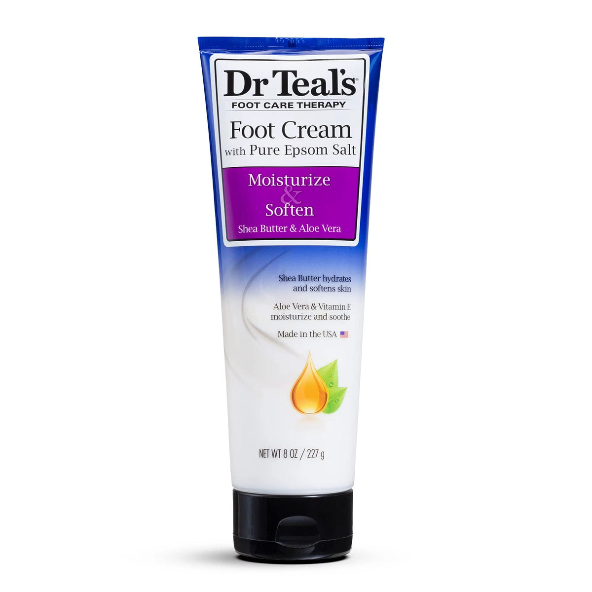 Dr Teal's foot cream texture close-up demonstrates creamy shea butter blend for deep moisturization