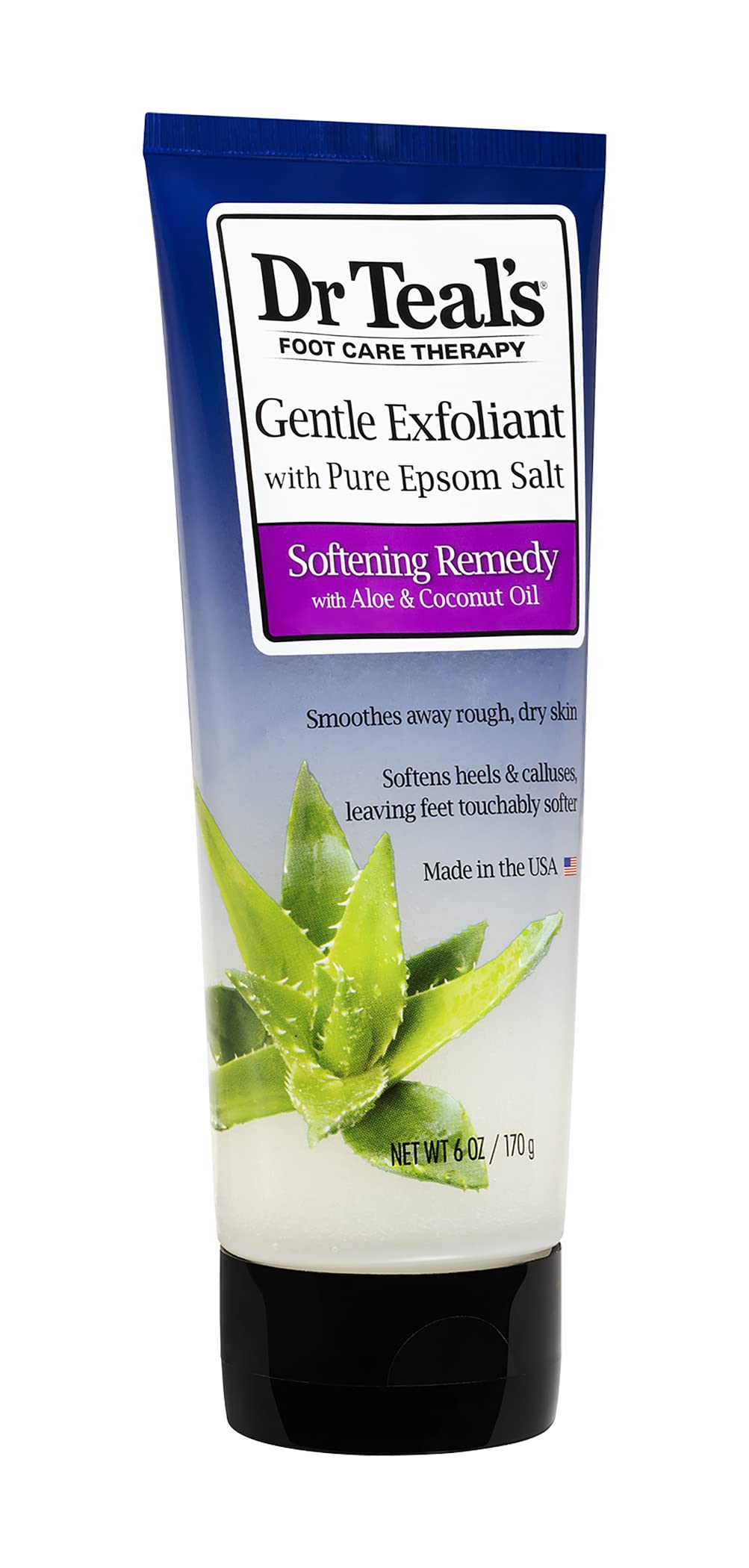 Hand holding Dr Teal's 6 oz scrub to show size and portability for on-the-go foot care