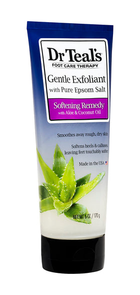 Hand holding Dr Teal's 6 oz scrub to show size and portability for on-the-go foot care