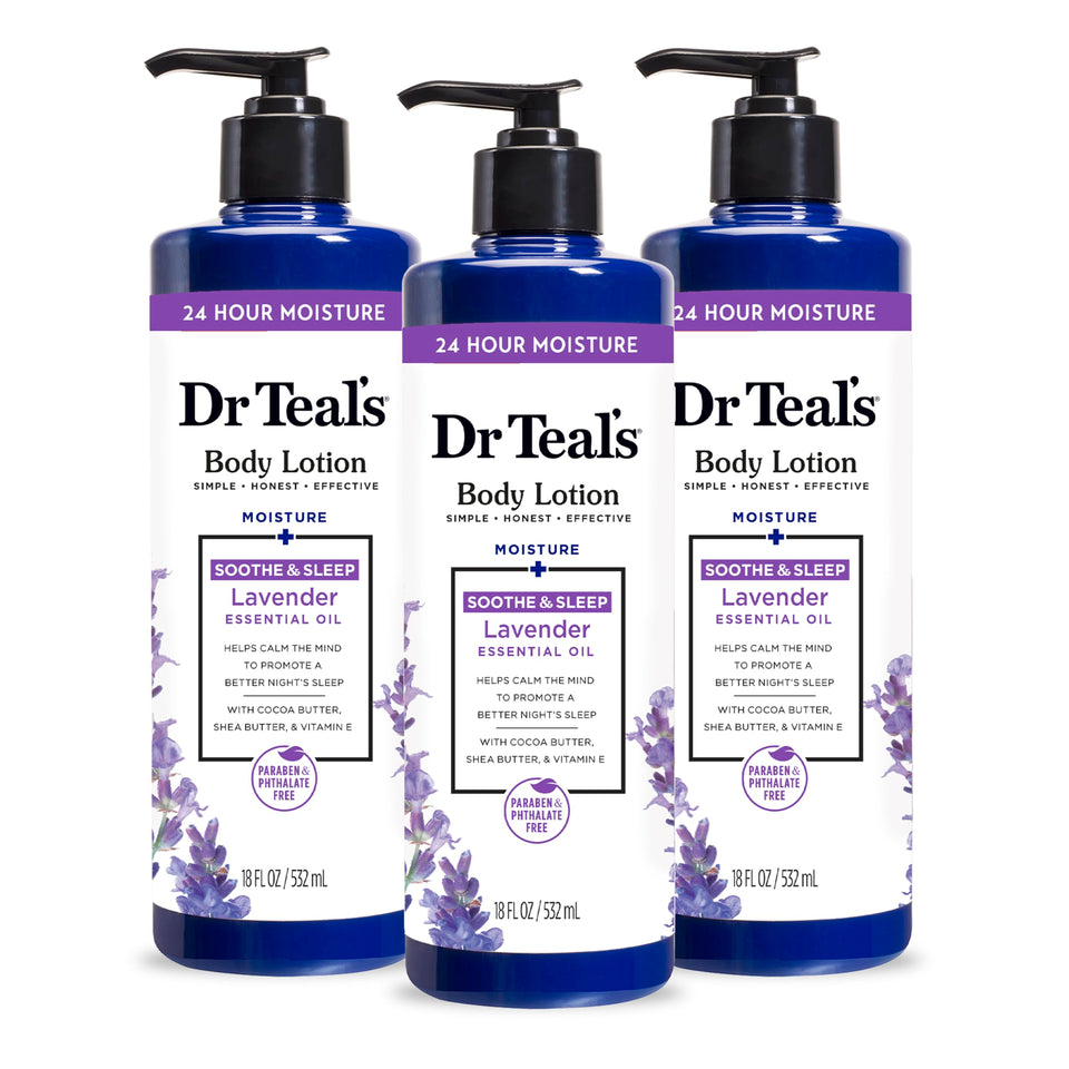 Dr Teal's front bottle lavender 18oz showing packaging and calming scent benefits