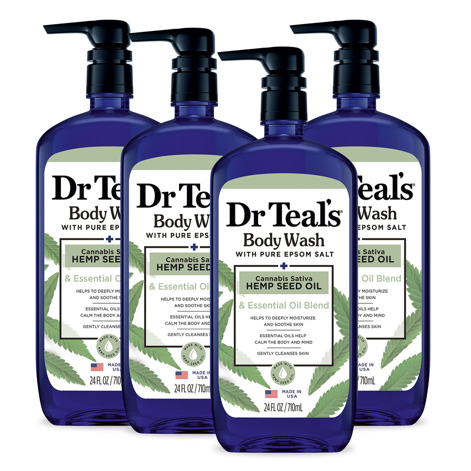 Dr Teal's front pack of four bottles showing label and size benefits
