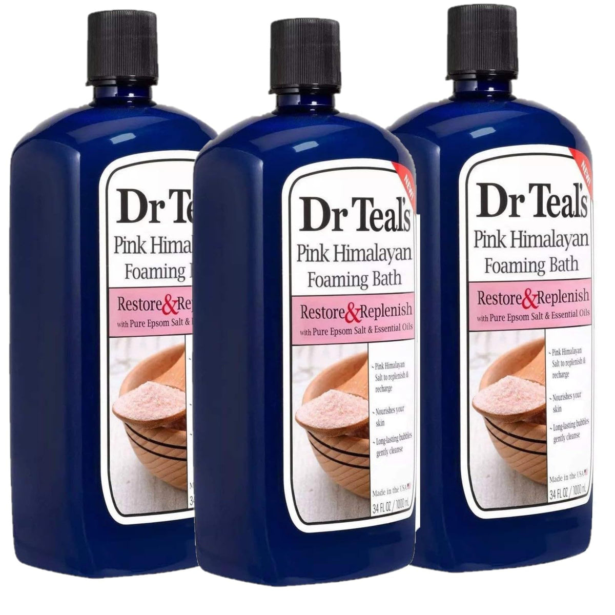 Dr Teal's front bottles showing three 34 oz Restore & Replenish set and packaging benefit