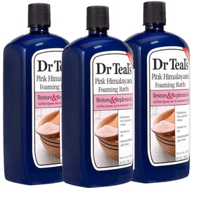 Dr Teal's front bottles showing three 34 oz Restore & Replenish set and packaging benefit