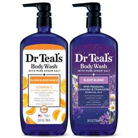 Dr Teal's front view of duo bottles showing morning and nighttime use benefits