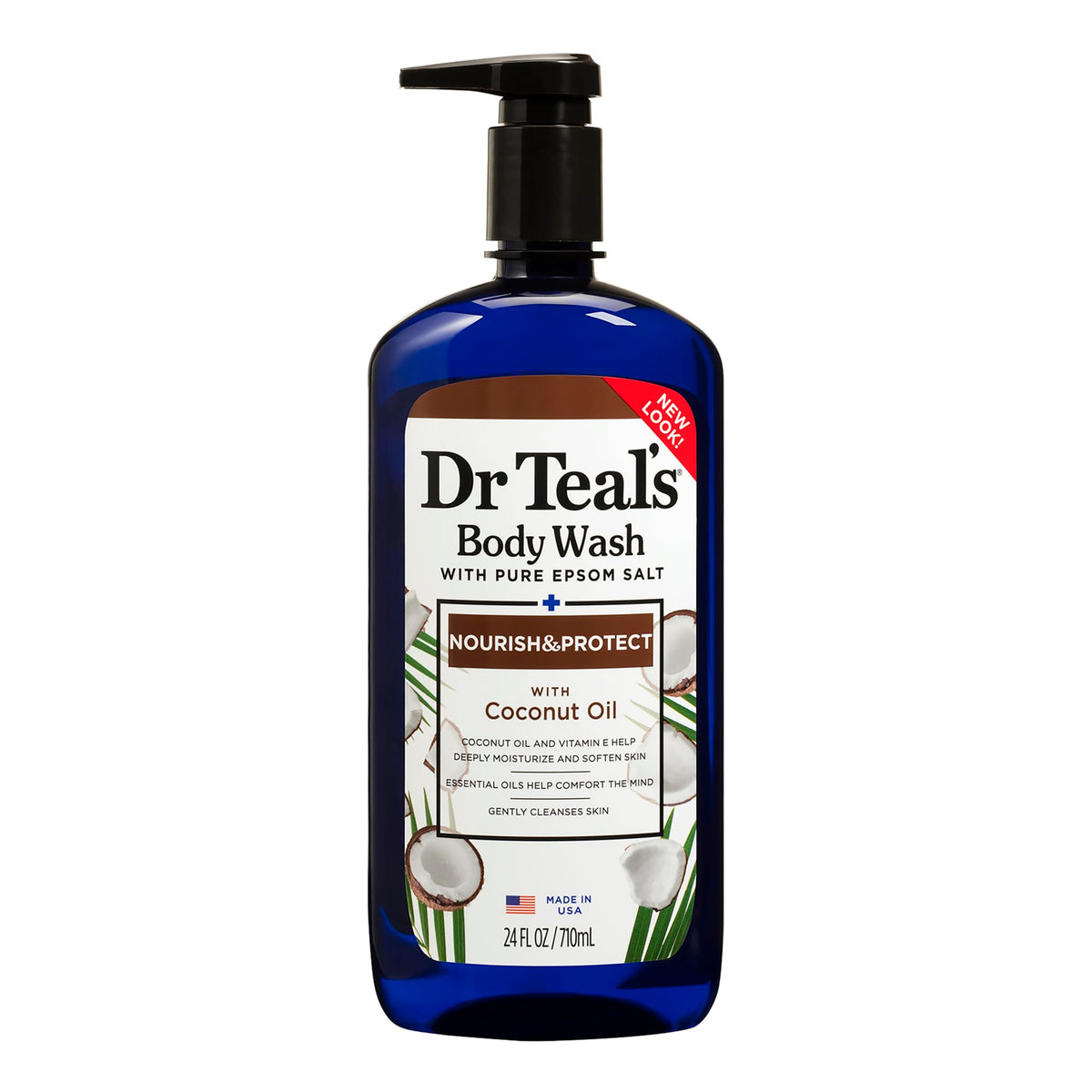 Dr Teal's front label showing coconut oil benefits and 24 fl oz for clear product identity