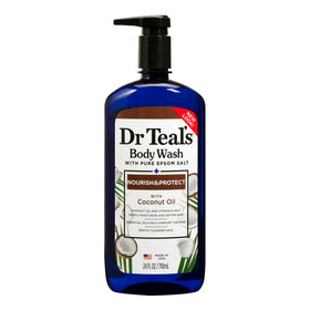Dr Teal's front label showing coconut oil benefits and 24 fl oz for clear product identity