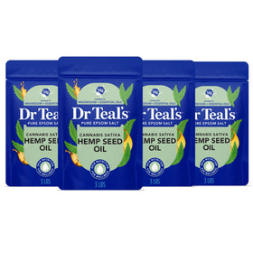 Dr Teal's front packaging showing hemp seed oil soak and calming scent benefit