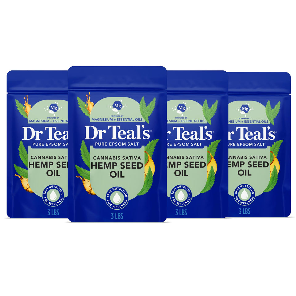 Dr Teal's front packaging showing hemp seed oil soak and calming scent benefit