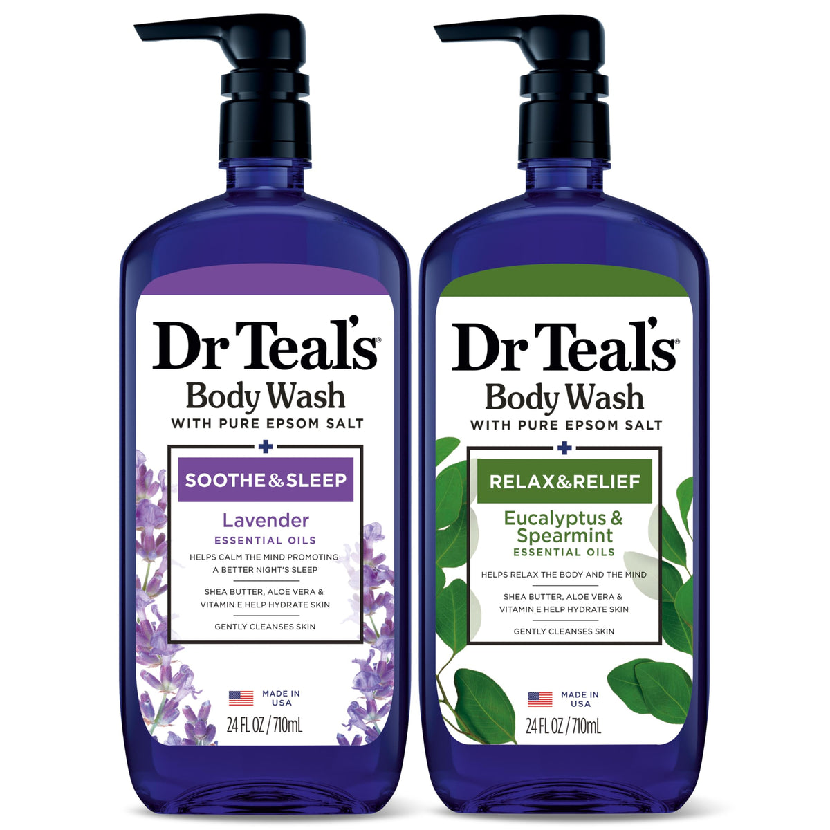 Dr Teal's front packaging duo showing both bottles and benefits