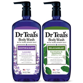 Dr Teal's front packaging duo showing both bottles and benefits