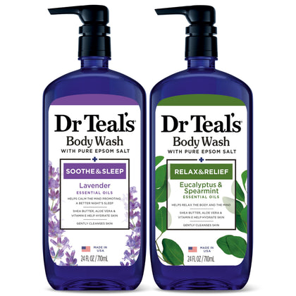 Dr Teal's front packaging duo showing both bottles and benefits