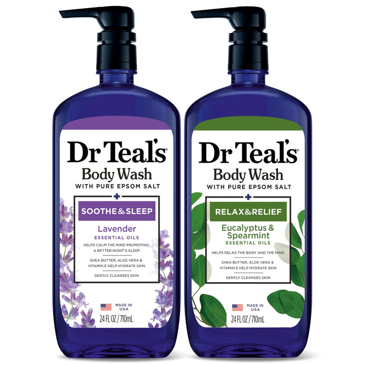 Dr Teal's front packaging duo showing both bottles and benefits