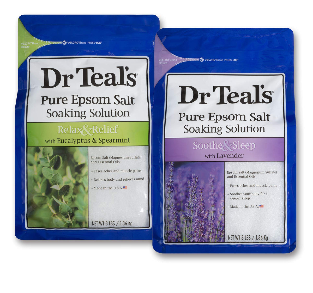 Dr Teal's front packaging showing eucalyptus and lavender scents and benefits