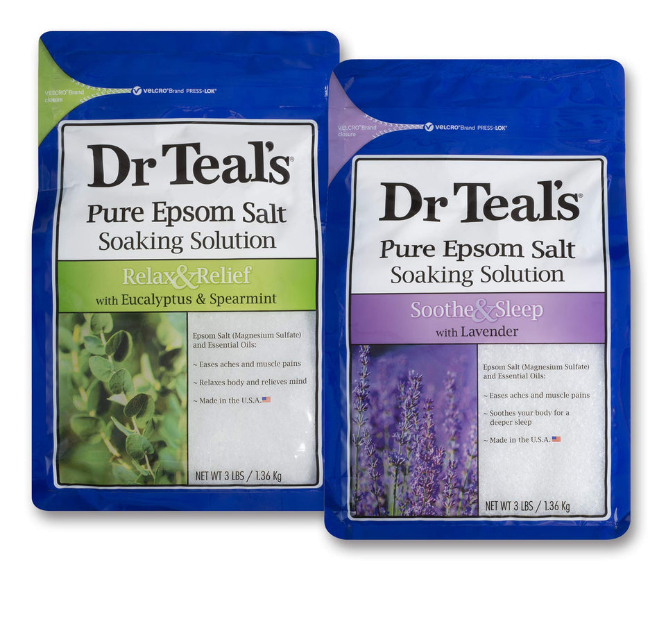 Dr Teal's front packaging showing eucalyptus and lavender scents and benefits