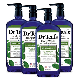 Dr Teal's front packaging showing eucalyptus and spearmint scent, clear product benefits