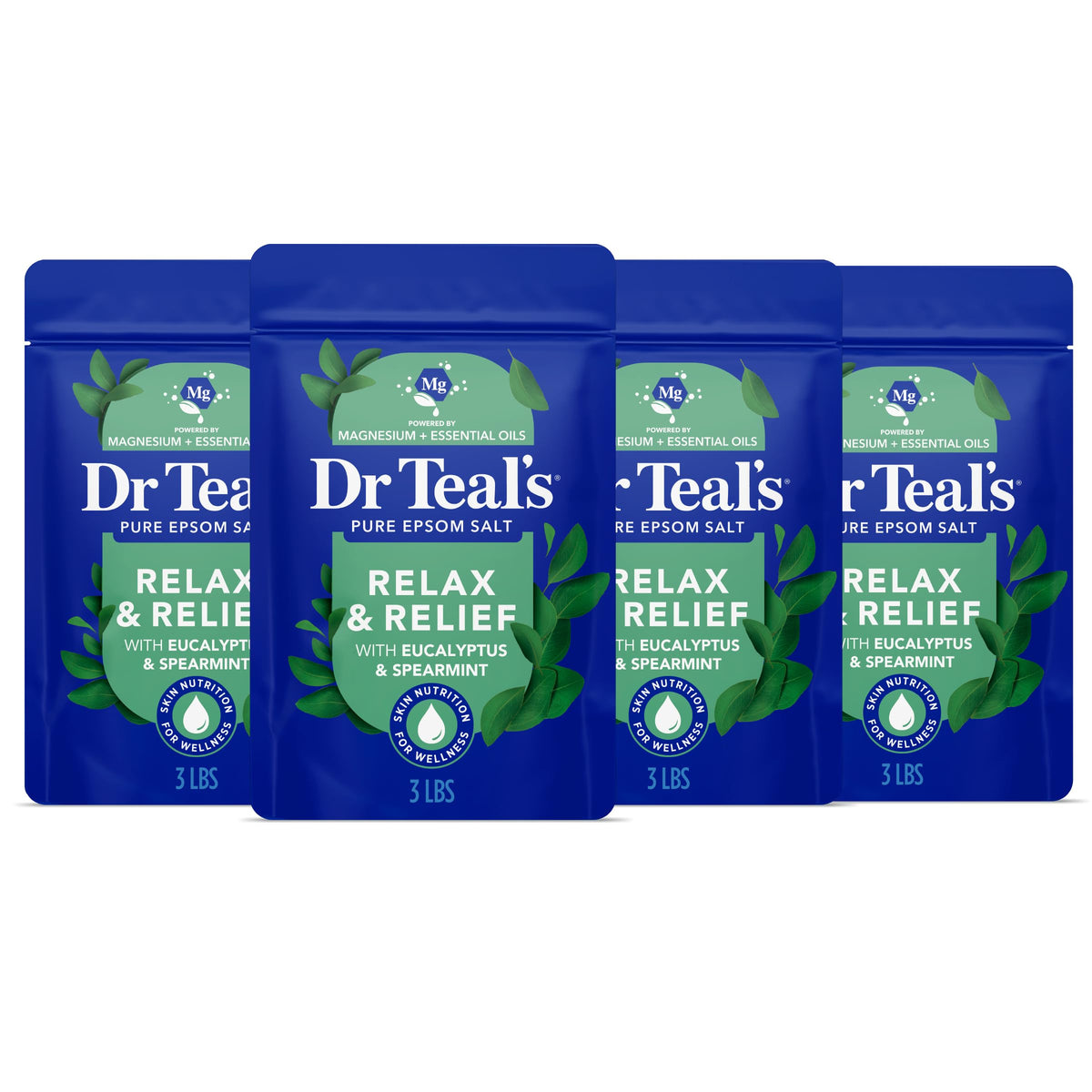Dr Teal's front packaging showing eucalyptus-spearmint for calming baths
