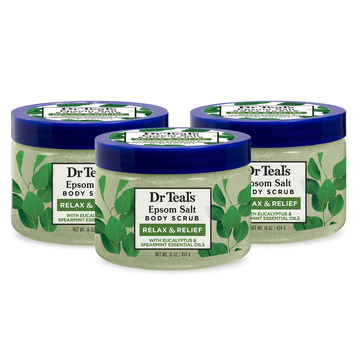Dr Teal's front packaging showing 16 oz tub and calming eucalyptus benefit