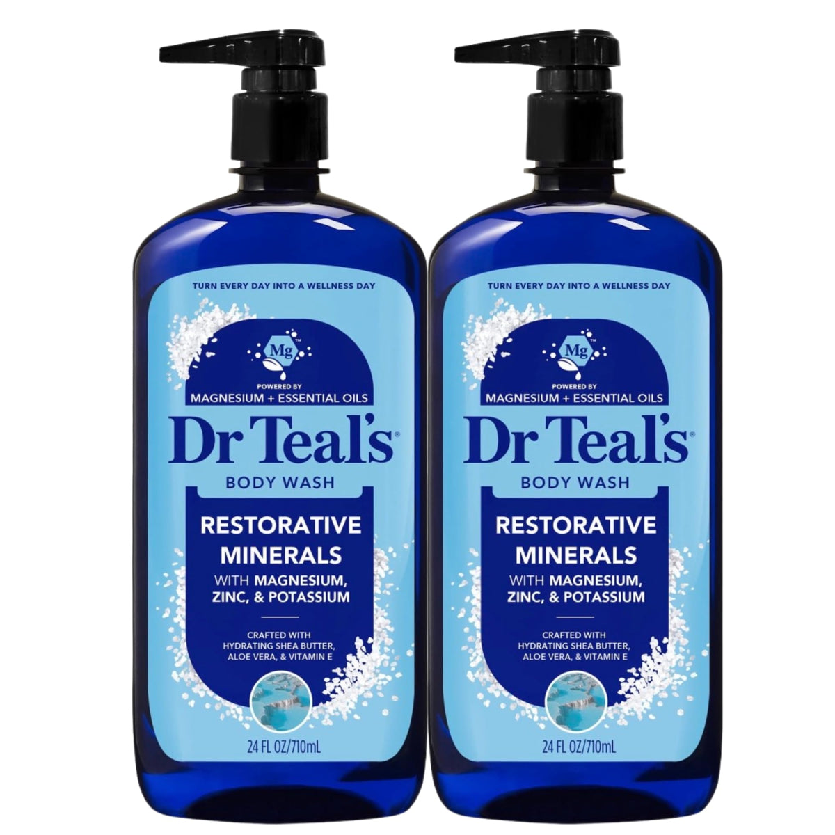 Dr Teal's front packaging showing two restorative minerals bottles for easy refills